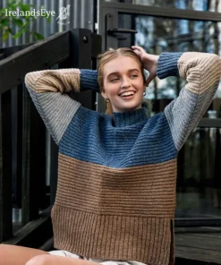 Womens Irish Knitwear|Womens Aran Fisherman Sweaters*Sweater Shop IrelandsEye Knitwear Iris Contrast Panel Funnel Neck Sweater Seaspray Biscuit