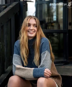 Womens Irish Knitwear|Womens Aran Fisherman Sweaters*Sweater Shop IrelandsEye Knitwear Iris Contrast Panel Funnel Neck Sweater Seaspray Biscuit