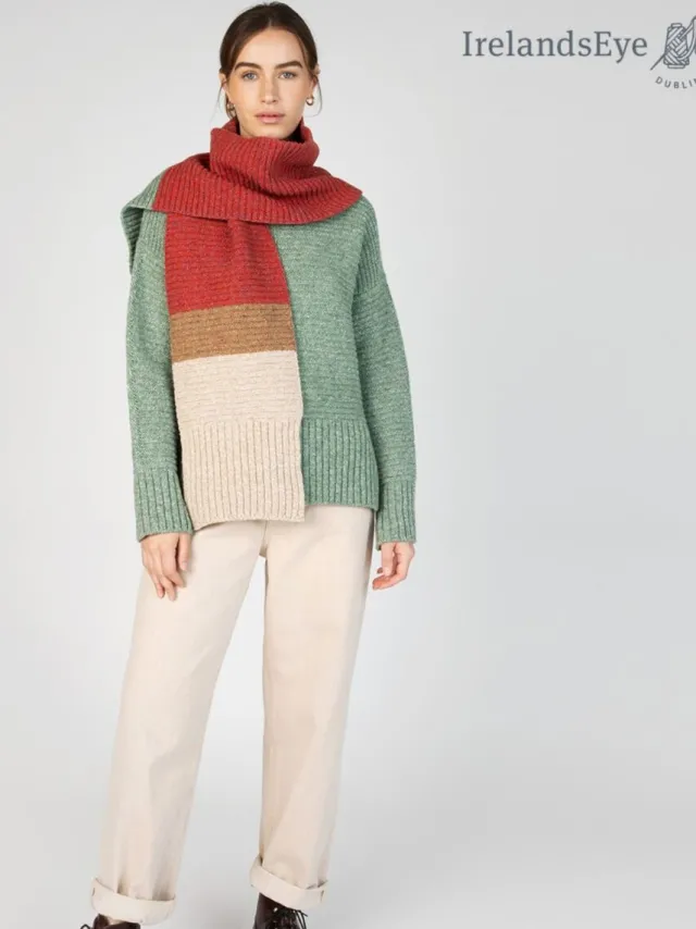 Ladies Merino Wool Scarves|Ladies Wool Cashmere Scarves*Sweater Shop IrelandsEye Knitwear u2018Elderu2019 Contrast Panel Scarf Apple Sunset