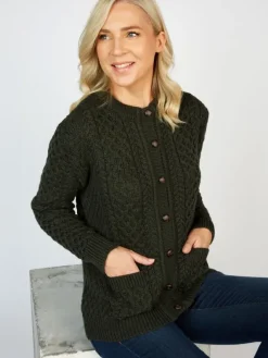 Ladies Cardigans|Womens Irish Knitwear*Sweater Shop Irish Aran Cardigan Army Green