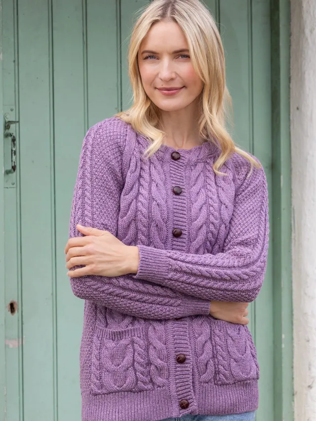Womens Irish Knitwear|Ladies Cardigans*Sweater Shop Irish Aran Cardigan Lavender