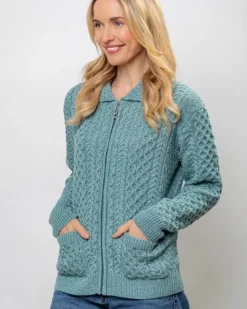 Womens Irish Knitwear|Ladies Cardigans*Sweater Shop Irish Aran Cardigan with Zip - Aqua