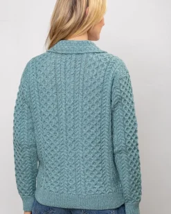 Womens Irish Knitwear|Ladies Cardigans*Sweater Shop Irish Aran Cardigan with Zip - Aqua