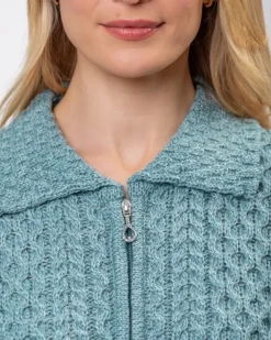 Womens Irish Knitwear|Ladies Cardigans*Sweater Shop Irish Aran Cardigan with Zip - Aqua