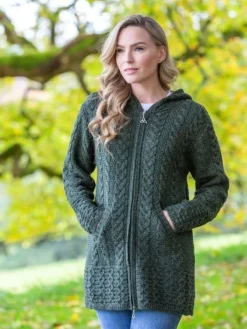 Womens Aran & Tweed Coats|Womens Irish Knitwear*Sweater Shop Irish Aran Hooded Coat Army Green