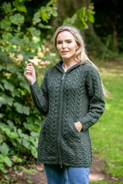 Womens Aran & Tweed Coats|Womens Irish Knitwear*Sweater Shop Irish Aran Hooded Coat Army Green