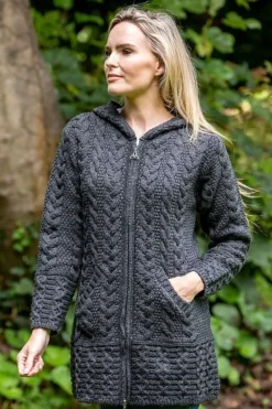 Womens Aran & Tweed Coats|Womens Irish Knitwear*Sweater Shop Irish Aran Hooded Coat Charcoal