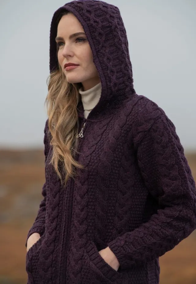 Womens Aran & Tweed Coats|Womens Irish Knitwear*Sweater Shop Irish Aran Hooded Coat Damson