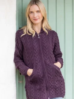 Womens Aran & Tweed Coats|Womens Irish Knitwear*Sweater Shop Irish Aran Hooded Coat Damson