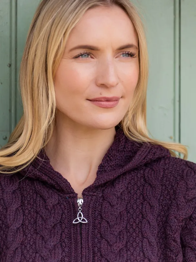 Womens Aran & Tweed Coats|Womens Irish Knitwear*Sweater Shop Irish Aran Hooded Coat Damson