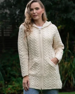 Womens Aran & Tweed Coats|Womens Irish Knitwear*Sweater Shop Irish Aran Hooded Coat Natural