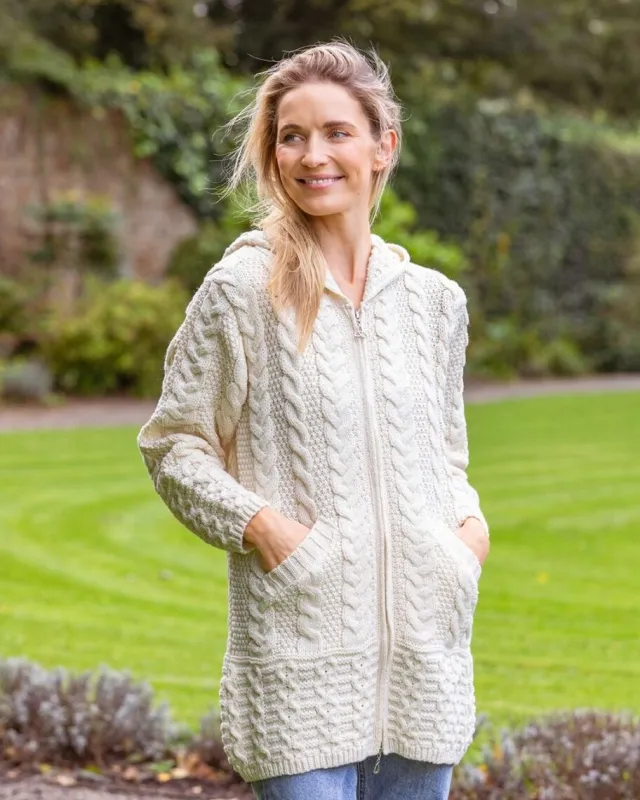 Womens Aran & Tweed Coats|Womens Irish Knitwear*Sweater Shop Irish Aran Hooded Coat Natural