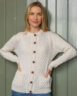 Womens Irish Knitwear|Ladies Cardigans*Sweater Shop Irish Aran Lumber Cardigan Natural