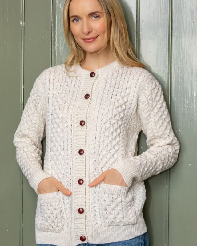 Womens Irish Knitwear|Ladies Cardigans*Sweater Shop Irish Aran Lumber Cardigan Natural