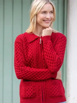 Womens Irish Knitwear|Ladies Cardigans*Sweater Shop Irish Aran Zip Cardigan with Collar - Red