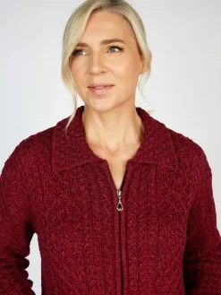 Womens Irish Knitwear*Sweater Shop Irish Aran Zip with Collar Raspberry