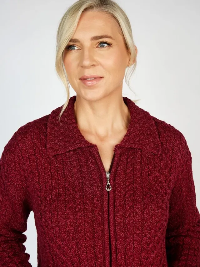 Womens Irish Knitwear*Sweater Shop Irish Aran Zip with Collar Raspberry