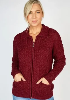 Womens Irish Knitwear*Sweater Shop Irish Aran Zip with Collar Raspberry