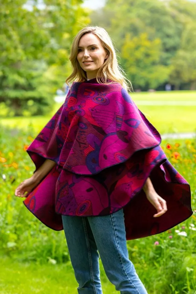 Ladies Aran Ponchos & Capes*Sweater Shop Irish Celtic Design Shawl - Fuchsia