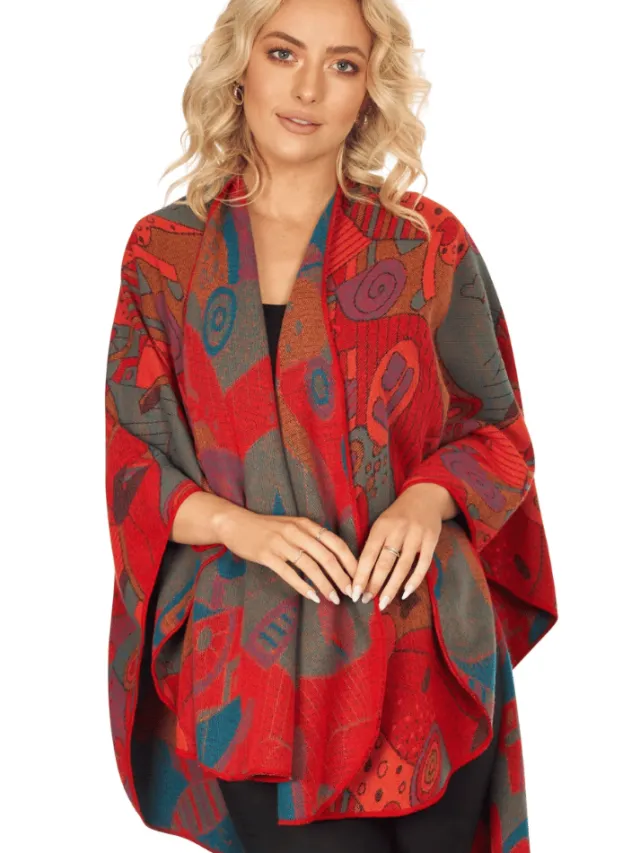 Ladies Aran Ponchos & Capes*Sweater Shop Irish Celtic Design Shawl Red