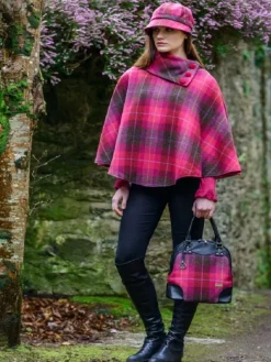 Ladies Aran Ponchos & Capes*Sweater Shop Irish Tweed Poncho Pink Check 223