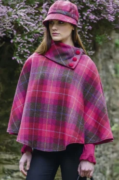 Ladies Aran Ponchos & Capes*Sweater Shop Irish Tweed Poncho Pink Check 223