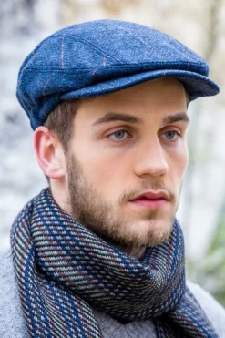 Aran Wool Hats|Mens Caps*Sweater Shop Kerry Peak Cap Blue Herringbone Col: 34
