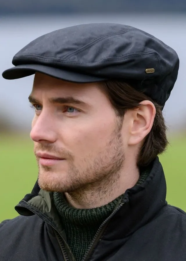 Aran Wool Hats|Mens Caps*Sweater Shop Kerry Peak Wax Cap - Black