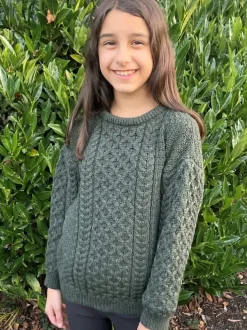 Kids Aran Sweaters*Sweater Shop Kids Aran Sweater Merino Wool - Army Green