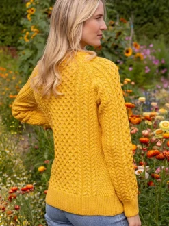 Womens Aran Fisherman Sweaters*Sweater Shop Ladies 100% Merino Wool Aran Sweater Sunshine