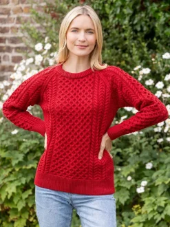 Womens Irish Knitwear|Womens Aran Fisherman Sweaters*Sweater Shop Ladies 100% Merino Wool Aran Sweater Red