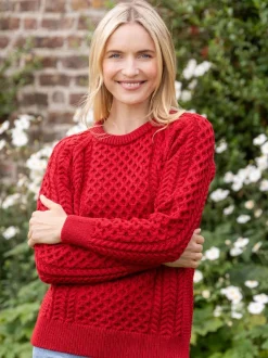 Womens Irish Knitwear|Womens Aran Fisherman Sweaters*Sweater Shop Ladies 100% Merino Wool Aran Sweater Red