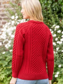 Womens Irish Knitwear|Womens Aran Fisherman Sweaters*Sweater Shop Ladies 100% Merino Wool Aran Sweater Red