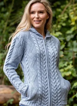 Womens Irish Knitwear|Ladies Cardigans*Sweater Shop Ladies Aran Hooded Cardigan With Cladagh Zip
