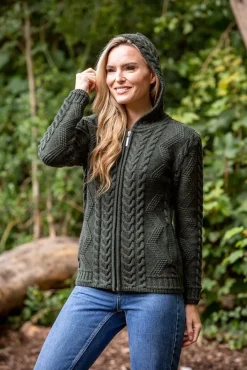 Womens Irish Knitwear|Ladies Cardigans*Sweater Shop Ladies Aran Hooded Cardigan With Cladagh Zip