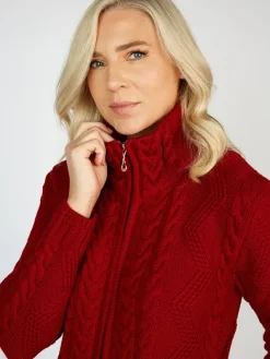 Womens Irish Knitwear*Sweater Shop Ladies Aran Turtleneck Zip Cardigan Red