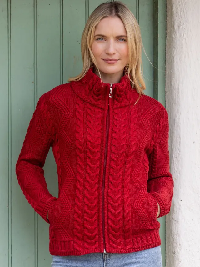 Womens Irish Knitwear*Sweater Shop Ladies Aran Turtleneck Zip Cardigan Red