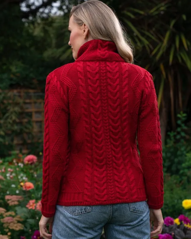 Womens Irish Knitwear*Sweater Shop Ladies Aran Turtleneck Zip Cardigan Red