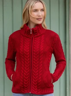 Womens Irish Knitwear*Sweater Shop Ladies Aran Turtleneck Zip Cardigan Red