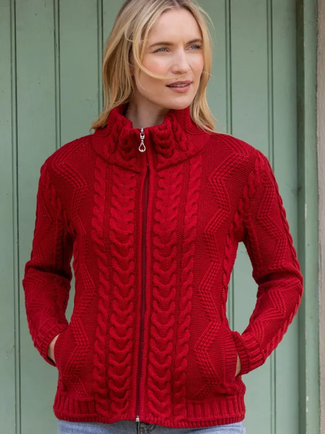 Womens Irish Knitwear*Sweater Shop Ladies Aran Turtleneck Zip Cardigan Red