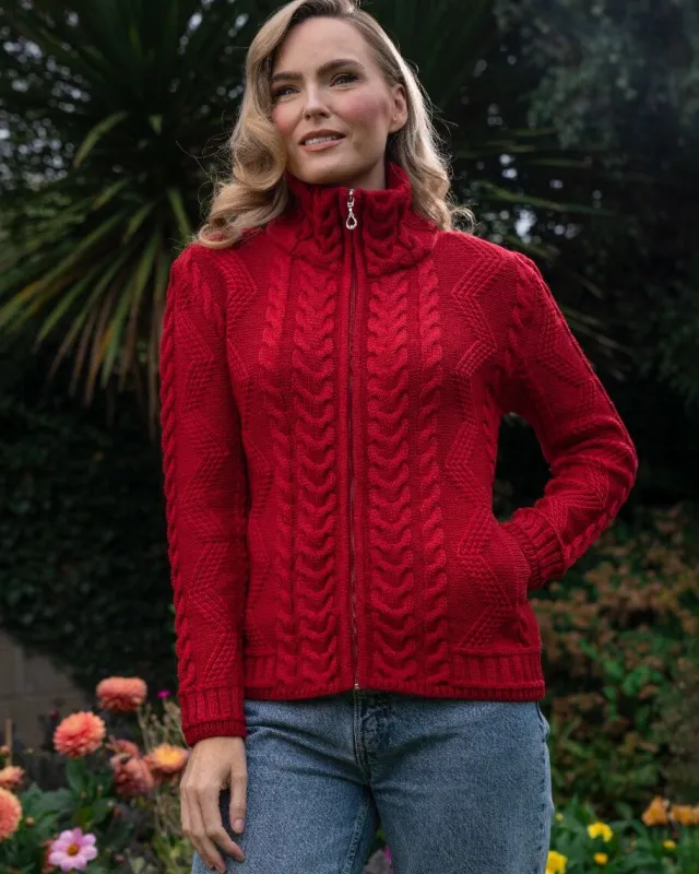 Womens Irish Knitwear*Sweater Shop Ladies Aran Turtleneck Zip Cardigan Red