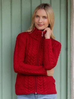 Womens Irish Knitwear*Sweater Shop Ladies Aran Turtleneck Zip Cardigan Red