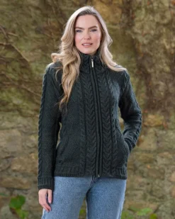 Ladies Cardigans|Womens Irish Knitwear*Sweater Shop Ladies Aran Turtleneck Zip Cardigan - Army Green
