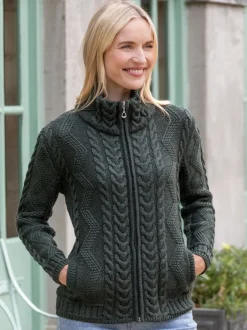 Ladies Cardigans|Womens Irish Knitwear*Sweater Shop Ladies Aran Turtleneck Zip Cardigan - Army Green