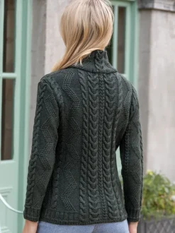 Ladies Cardigans|Womens Irish Knitwear*Sweater Shop Ladies Aran Turtleneck Zip Cardigan - Army Green