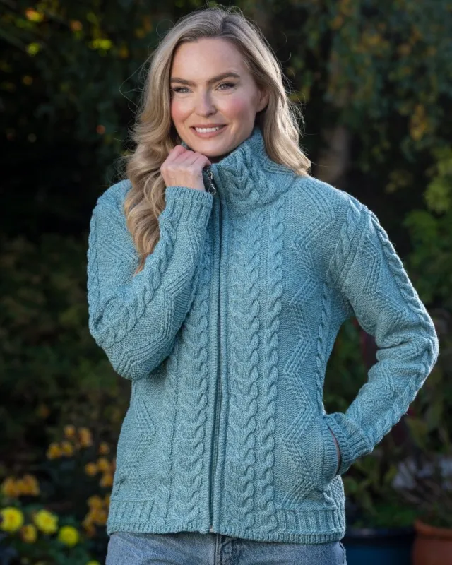 Womens Irish Knitwear|Ladies Cardigans*Sweater Shop Ladies Aran Turtleneck Zip Aqua