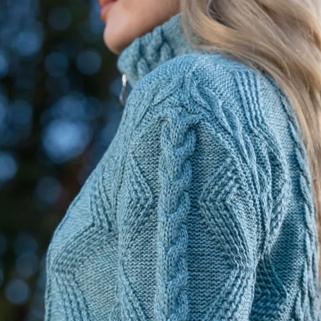 Womens Irish Knitwear|Ladies Cardigans*Sweater Shop Ladies Aran Turtleneck Zip Aqua