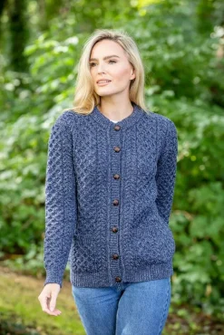 Womens Irish Knitwear|Ladies Cardigans*Sweater Shop Ladies Cable Knit Cardigan Denim Marl