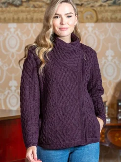 Womens Irish Knitwear|Womens Aran Fisherman Sweaters*Sweater Shop Ladies Cable Knit Side Zip Cardigan - Purple
