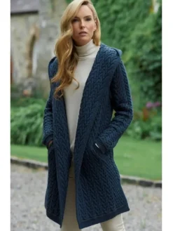 Womens Irish Knitwear|Ladies Cardigans*Sweater Shop Ladies Herringbone Shawl Collar Hooded Coat